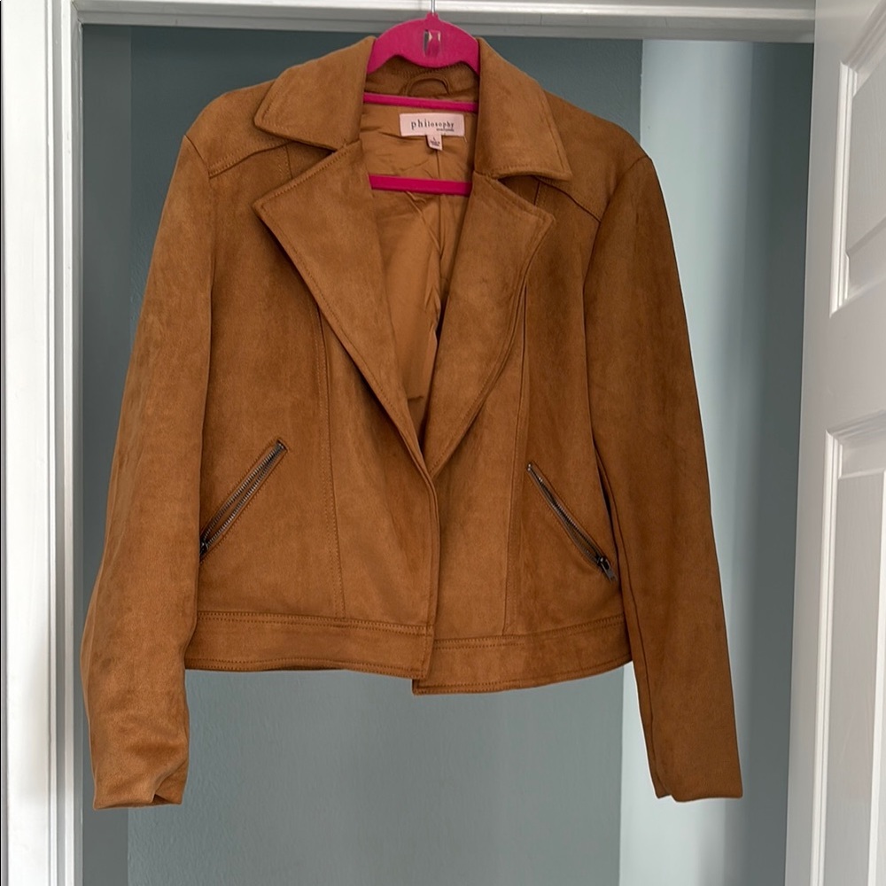 Tan Cropped Leather Jacket with Notched Lapel